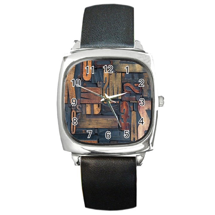 Letters Wooden Old Artwork Vintage Square Metal Watch