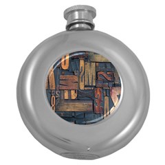 Letters Wooden Old Artwork Vintage Round Hip Flask (5 Oz) by Nexatart