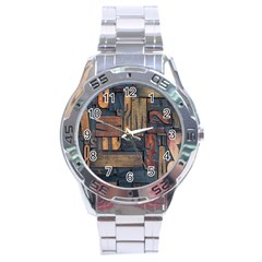 Letters Wooden Old Artwork Vintage Stainless Steel Analogue Watch by Nexatart