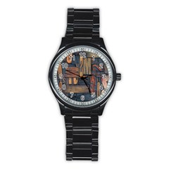 Letters Wooden Old Artwork Vintage Stainless Steel Round Watch by Nexatart