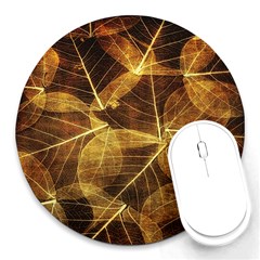 Leaves Autumn Texture Brown Round Mousepads by Nexatart