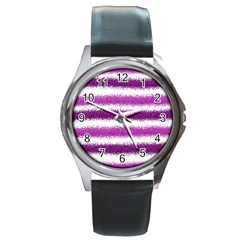 Metallic Pink Glitter Stripes Round Metal Watch by Nexatart