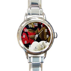 Paradis Tropical Fabric Background In Red And White Flora Round Italian Charm Watch by Nexatart