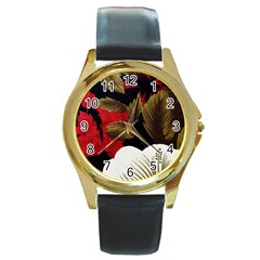 Paradis Tropical Fabric Background In Red And White Flora Round Gold Metal Watch