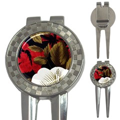 Paradis Tropical Fabric Background In Red And White Flora 3-in-1 Golf Divots by Nexatart