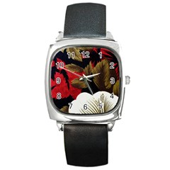 Paradis Tropical Fabric Background In Red And White Flora Square Metal Watch