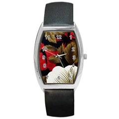 Paradis Tropical Fabric Background In Red And White Flora Barrel Style Metal Watch