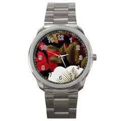 Paradis Tropical Fabric Background In Red And White Flora Sport Metal Watch