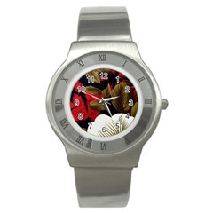 Paradis Tropical Fabric Background In Red And White Flora Stainless Steel Watch