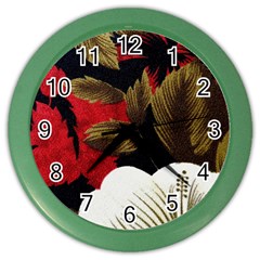 Paradis Tropical Fabric Background In Red And White Flora Color Wall Clocks by Nexatart