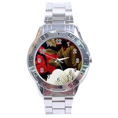 Paradis Tropical Fabric Background In Red And White Flora Stainless Steel Analogue Watch