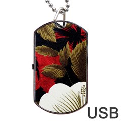 Paradis Tropical Fabric Background In Red And White Flora Dog Tag Usb Flash (two Sides) by Nexatart