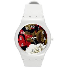 Paradis Tropical Fabric Background In Red And White Flora Round Plastic Sport Watch (M)