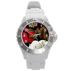 Paradis Tropical Fabric Background In Red And White Flora Round Plastic Sport Watch (L)