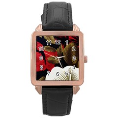 Paradis Tropical Fabric Background In Red And White Flora Rose Gold Leather Watch 