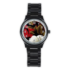 Paradis Tropical Fabric Background In Red And White Flora Stainless Steel Round Watch