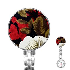 Paradis Tropical Fabric Background In Red And White Flora Stainless Steel Nurses Watch