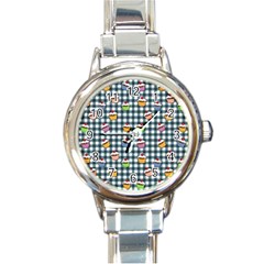 Cupcakes Plaid Pattern Round Italian Charm Watch by Valentinaart