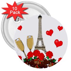 Romance In Paris 3  Buttons (10 Pack)  by Valentinaart