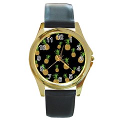 Pineapples Round Gold Metal Watch by Valentinaart