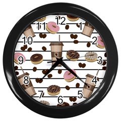 Donuts And Coffee Pattern Wall Clocks (black) by Valentinaart