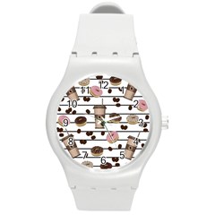 Donuts And Coffee Pattern Round Plastic Sport Watch (m) by Valentinaart