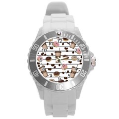 Donuts And Coffee Pattern Round Plastic Sport Watch (l) by Valentinaart