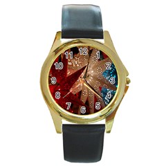 Poinsettia Red Blue White Round Gold Metal Watch by Nexatart