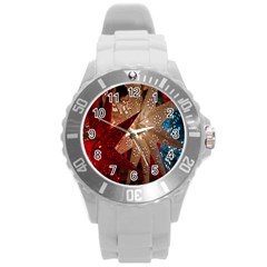 Poinsettia Red Blue White Round Plastic Sport Watch (l) by Nexatart