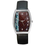 Red And Black High Rise Building Barrel Style Metal Watch Front