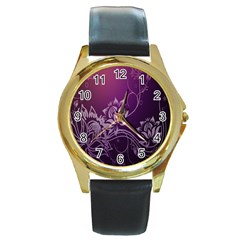 Purple Lotus Round Gold Metal Watch