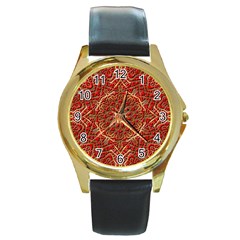 Red Tile Background Image Pattern Round Gold Metal Watch by Nexatart