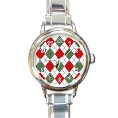 Red Green White Argyle Navy Round Italian Charm Watch by Nexatart