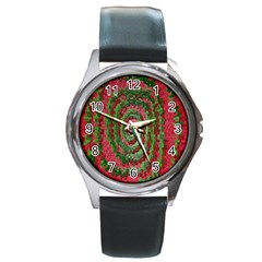 Red Green Swirl Twirl Colorful Round Metal Watch by Nexatart