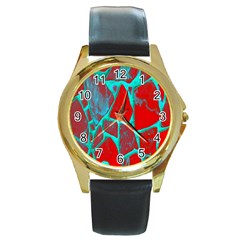 Red Marble Background Round Gold Metal Watch by Nexatart