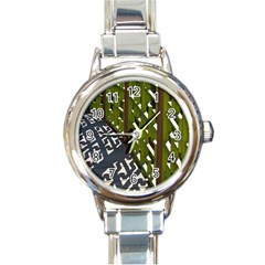 Shadow Reflections Casting From Japanese Garden Fence Round Italian Charm Watch by Nexatart