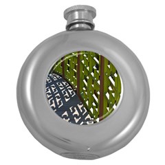 Shadow Reflections Casting From Japanese Garden Fence Round Hip Flask (5 Oz) by Nexatart