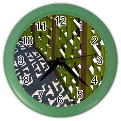 Shadow Reflections Casting From Japanese Garden Fence Color Wall Clocks by Nexatart