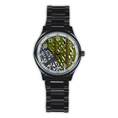 Shadow Reflections Casting From Japanese Garden Fence Stainless Steel Round Watch by Nexatart