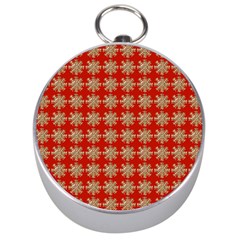 Snowflakes Square Red Background Silver Compasses