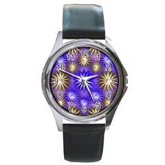 Stars Patterns Christmas Background Seamless Round Metal Watch by Nexatart