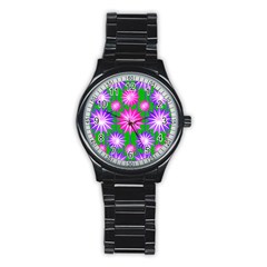 Stars Patterns Christmas Background Seamless Stainless Steel Round Watch by Nexatart