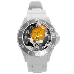 Umbrella Yellow Black White Round Plastic Sport Watch (l) by Nexatart