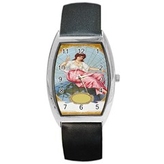 Vintage Art Collage Lady Fabrics Barrel Style Metal Watch by Nexatart