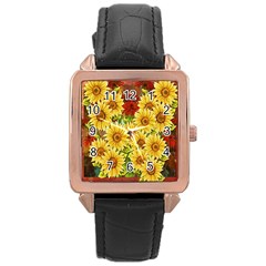 Sunflowers Flowers Abstract Rose Gold Leather Watch 