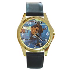 Man And His Guitar Round Gold Metal Watch by digitaldivadesigns