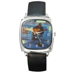 Man And His Guitar Square Metal Watch by digitaldivadesigns