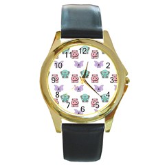 Animals Pastel Children Colorful Round Gold Metal Watch