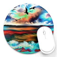 Ocean Waves Birds Colorful Sea Round Mousepads by Amaryn4rt