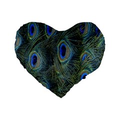 Peacock Feathers Blue Bird Nature Standard 16  Premium Flano Heart Shape Cushions by Amaryn4rt